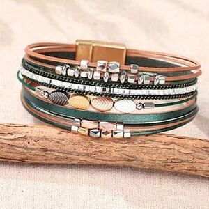 Women's Jewelry Multi Layer Green Leaf & Beads Magnetic Closure Bracelet